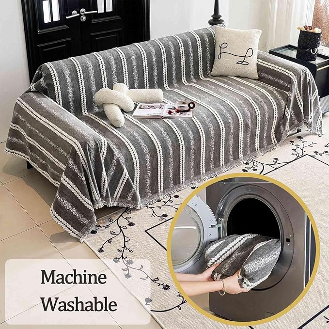 Couch Cover for Dogs Washable Sofa Cover, Sectional Couch Covers, Sofa Covers for 2 Cushion Couch, Non Slip Stripe Sofa Slipcovers Furniture Protector, Couch Protector from Cat Claws, Grey,71''x150''
