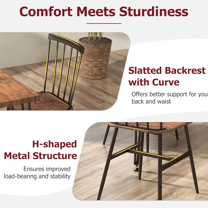 Tangkula Dining Table Set for 4, Kitchen Table and Chairs Set of 4 w/Metal Frame, 360° Swivel Feet, Space-Saving Dinette Table Set for Living Room, Restaurant, Breakfast Nook (Teak)