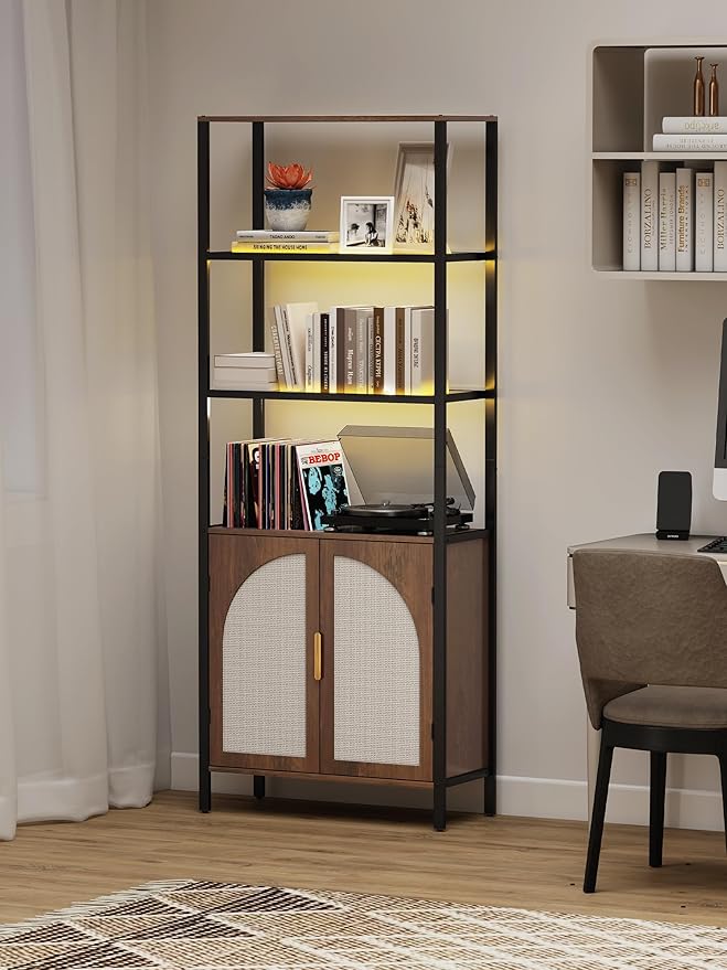 5 Tier Rattan Bookcase with Light 71" Tall Boho Bookshelf with Doors Large Bookcase with Adjustable Shelf Farmhouse Storage Cabinet Bookshelves for Living Room Bedroom Home Office Kitchen