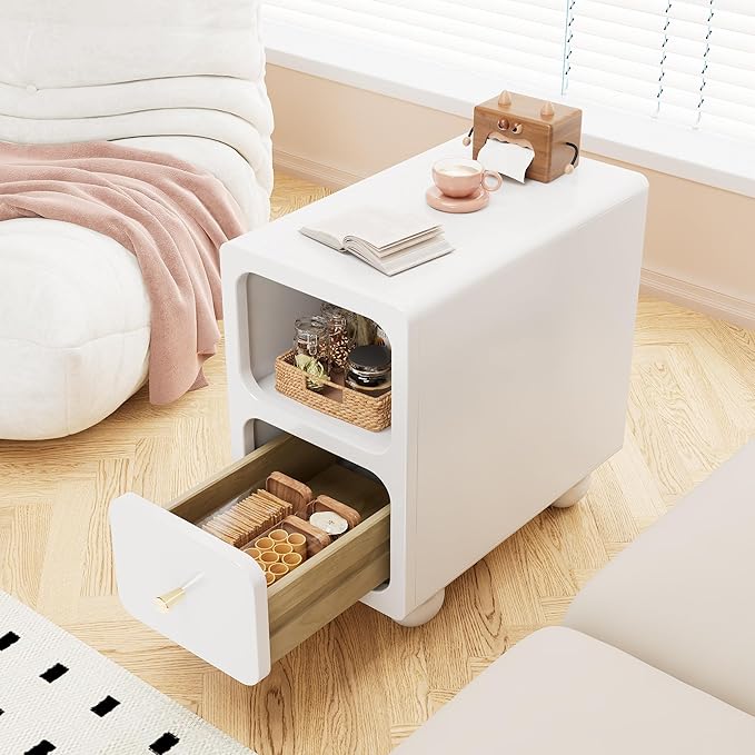 Solid Wood Night Stand, Narrow Nightstand with Drawers, White Mid Century Modern Nightstand, Small Beside Table with Open Storage Shelf for Bedroom (10 inch)