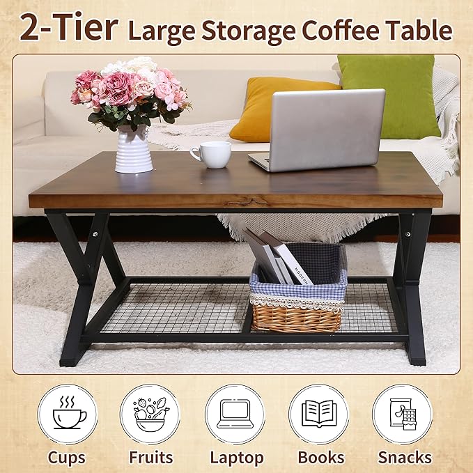 EASYSOUL Coffee Table with Storage Shelf, Solid Wood Top with Black Metal X-Frame, 39.37" D x 23.62" W x 18.11" H, Mid Century Modern Center Coffee Tables for Living Room with 2 Tier (Brow, 47.24")