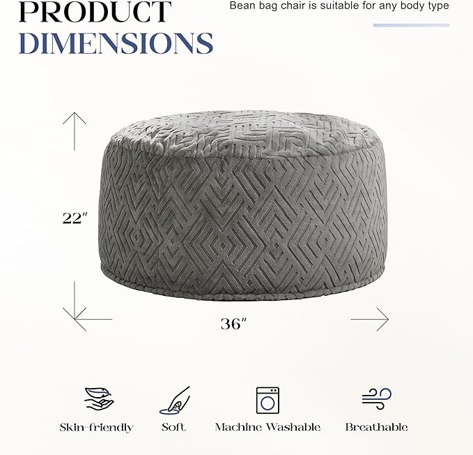 Hobestluk Bean Bag Chairs Adults Beanbag Chair with Filler Large Bean Bags with Fluffy Embossed Cover, Giant Bean Bag Chairs for Adults (Grey, 3FT - 36” x 36” x 22”)