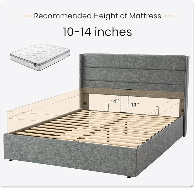 SHA CERLIN Queen Size Lift Up Storage Bed/Modern Wingback Headboard/Upholstered Platform Bed Frame/Hydraulic Storage/No Box Spring Needed/Wood Slats Support/Grey Blue