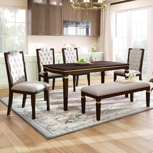 Merax 6-Piece Kitchen Dining Table Set, 62.7" Rectangular with 4 High-Back Tufted Chairs & 1 Bench for Kitchen Room, Espresso