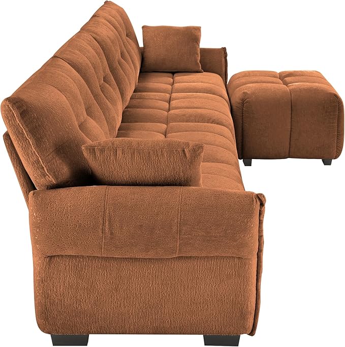 Modern Chenille Fabric 4-Seat Sofa w/Ottoman+2 Pillows, Premium Upholstery Living Room Couch with Tufted Backrest & Comfortable Armrests and High-Resilience Memory Foam Cushions,Orange