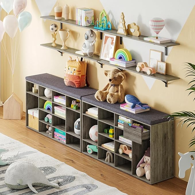 DINZI LVJ Shoe Bench, Entryway Storage Bench with Drawer and 15 Cubbies, Cubby Shoe Rack with Adjustable Shelves, Shoe Organizer Cabinet for Living Room, Bedroom, Mudroom and Garage, Gray Wash