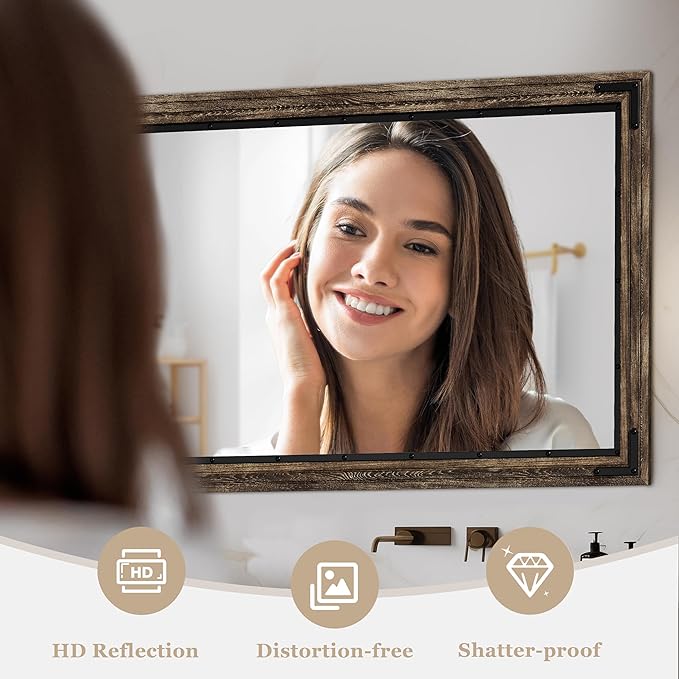 YOSHOOT Farmhouse Bathroom Mirror, Rustic Wood Mirror, Wooden Framed Vanity Mirror, Solid Wood & Handmade, Vertical or Horizontal Hanging for Bathroom Entryway Living Room Bedroom, 48" x 30", Brown