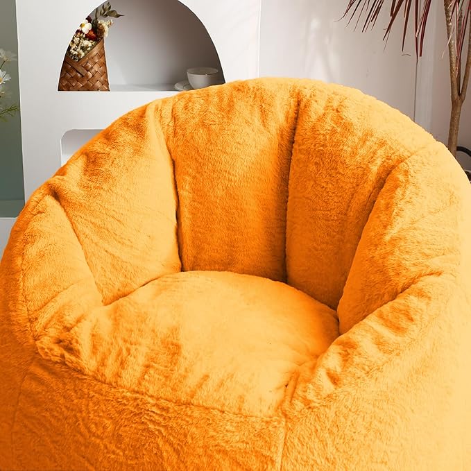 N&V Medium Shell Bean Bag Chair, Adult Size Bean Bag Sack, Foam Filling, Includes Removable and Machine Washable Cover, 37in, Soft Faux Fur, Yellow