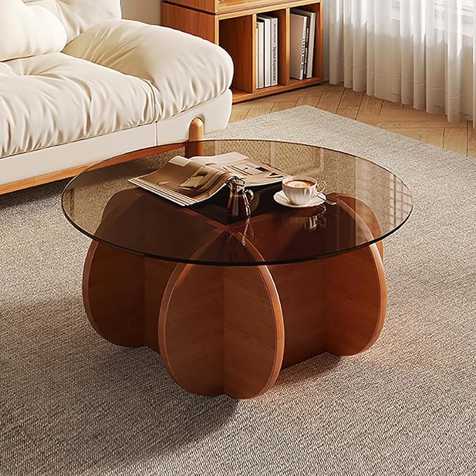 Modern Round Glass Coffee Table - Mid Century Small Coffee Table for Living Room, Suitable for Bedroom Living Room Reception Offices Couch Tables(Walnut/Brown)