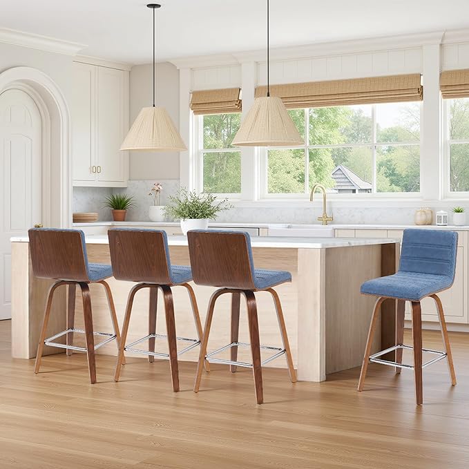 Vienna Modern Counter Height Swivel Bar Stool with Vintage Blue Upholstered Seat and Walnut Finished Wood Frame Set of 3