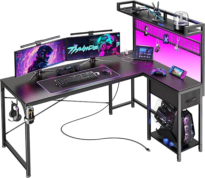 PRAISUN L Shaped Gaming Desk with Shelves, Corner Computer Table with LED Lights, Power Outlets and USB-C Ports, 50 Inch Reversible Home Office Desk with Storage Drawer, for Work and Study, Black
