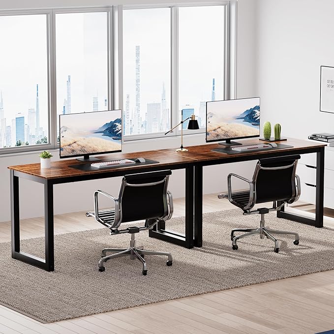 Decoholic 55 Inch Computer Desk, Home & Office PC Laptop Study Writing Table Workstation with Leg Bars, Modern Simple Industrial Style, Rustic Brown