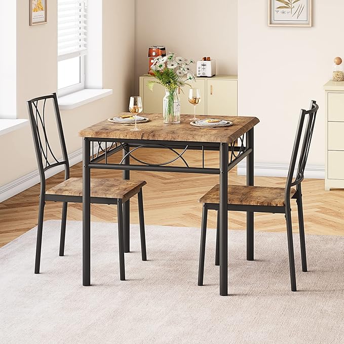 CABIHOME Dining Table Set for 2, 3 Piece Kitchen Table Set for 2, Square Kitchen Table Set of 2, Dining Table Set for Small Space, Apartment, Dining Room, Retro Brown
