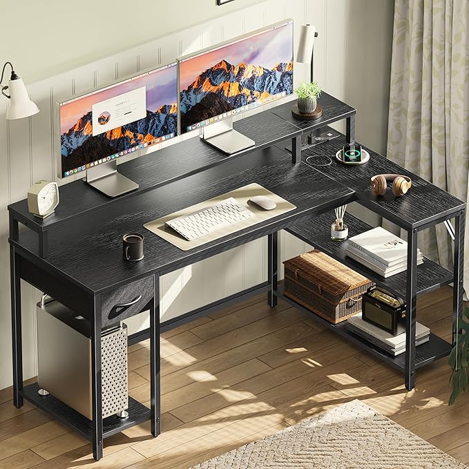 SUPERJARE 53 inch Reversible L Shaped Desk with LED Lights & Power Outlets, Computer Desk with Shelves & Monitor Stand, Gaming Desk with Drawer, Home Office Desk Corner Desk, Black