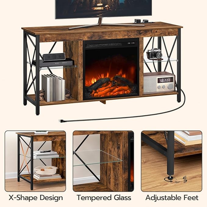 HOOBRO Fireplace TV Stand with Charging Station and LED Lights, TV Stand with Fireplace for TVs up to 55", Entertainment Center with Fireplace, Glass Shelves, Rustic Brown and Black BF120UDDS01