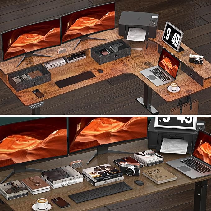 L-Shaped Electric Height Adjustable Desk, 67-inch Reinforced Motor Office Desk with Drawers & Monitor Stand, Ergonomic Design for Healthy Posture, Home Study Gaming, Max load 330 lbs, Retro Brown
