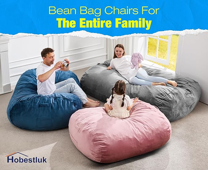 Hobestluk 6FT Bean Bag Chair Large Beanbag Lounger with Removable Cover Adult Bean Bag Chair with Portable Handle Desgin for Living Room Bedroom (Grey, 6FT)