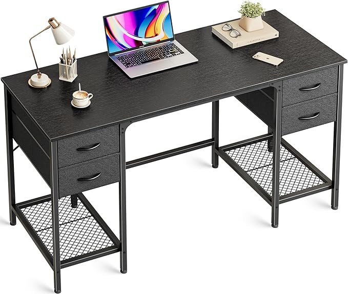 Huuger 47 Inch Computer Desk with 4 Drawers, Office Desk with Mesh Shelf, Gaming Desk, Large Storage, Writing Work Desk for Home Office, Study, Bedroom, Work from Home, Black