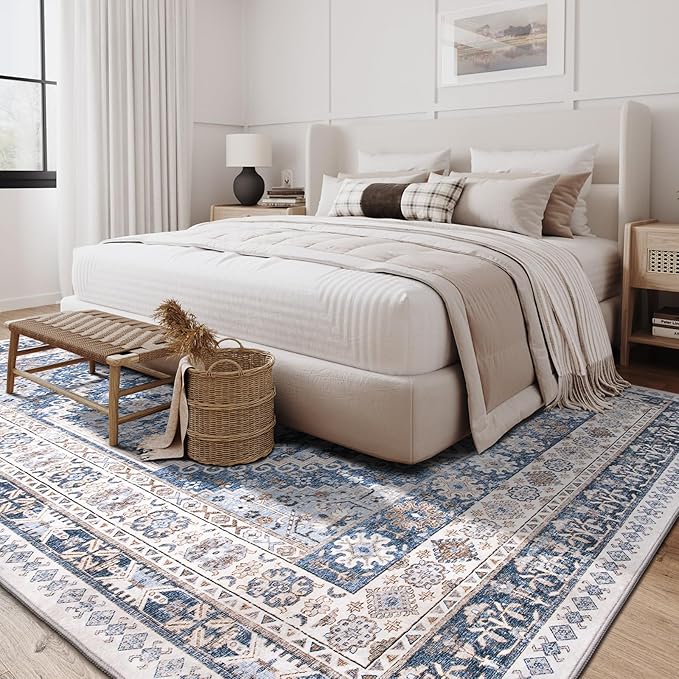 zesthome 5x7 Area Rugs - Ultra-Thin Washble Rug, Stain Resistant Anti Slip Backing Rugs for Living Room,Bedroom, Vintage Home Decor Area Rug (Blue/Beige,5'x7')