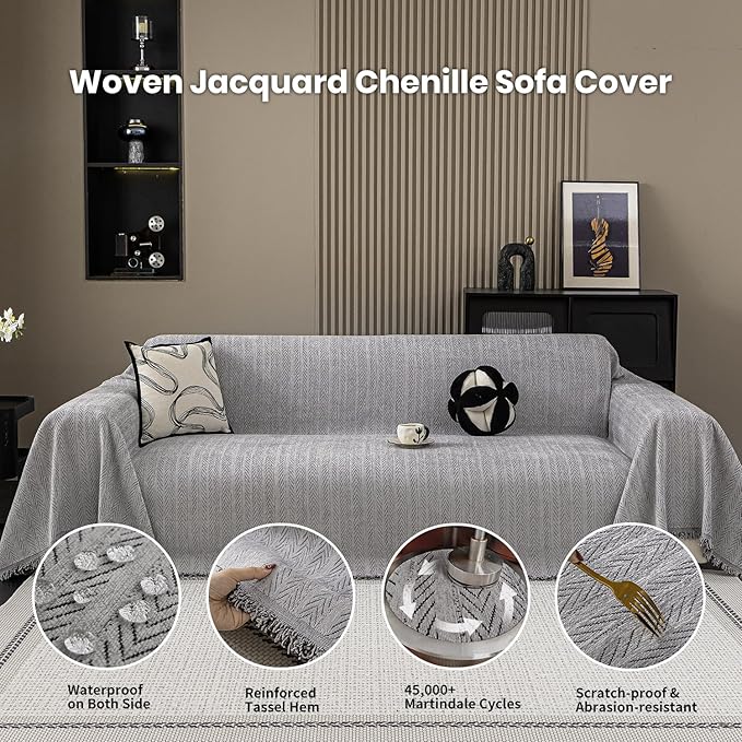 Nobildonna Sofa Cover Washable Soft Thicken Chenille Couch Cover with Tassel,Waterproof Sofa Slipcover for 2-3 Cushion Couch,Sectional Sofa,L-Shaped Furniture Protector Pet-Friendly,Gray 71"x118"