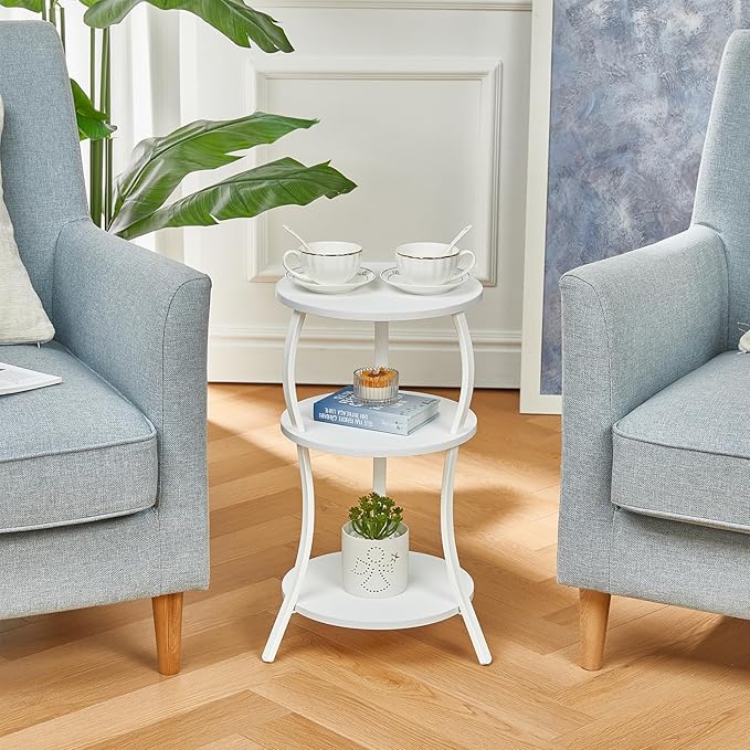 Vintage Small Round Side Table, 3-Tier Slim Waist Circular End Table with Storage Shelf, Compact Tea Sofa Table, Round Corner Coffee Table Nightstand for Living Room Bedroom Small Spaces,White