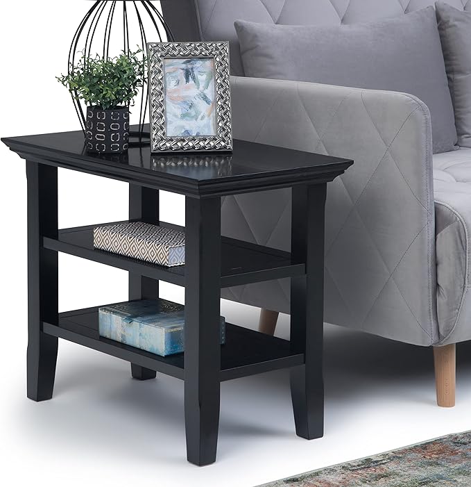 SIMPLIHOME Acadian 14-inch Wide Solid Wood Narrow End Table in Black, Transitional-Style Side Table for Living Room, Bedroom, or Family Room with 2 Open Shelves