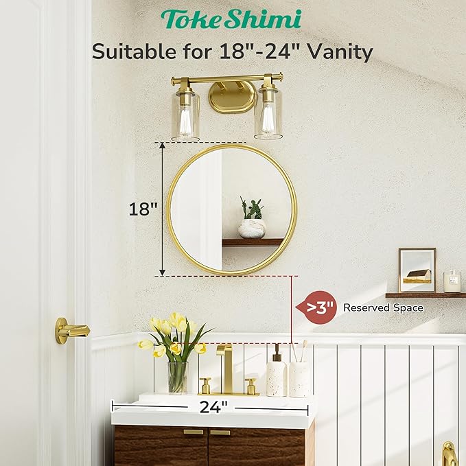 TokeShimi 18 in Brushed Gold Wall Mirror Framed Round Bathroom Mirror for Over Sink Shatterproof, 18 x 18 Farmhouse Mirror Circle Metal Wall Mirrored for Living Room, Entryway, Bedroom, Vanity