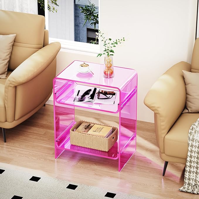 Acrylic Record Player Table with Storage Shelf, Clear Side Table Nightstand (Pink)