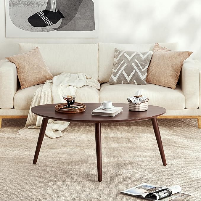 Small Oval Coffee Table, 33.5" Mid Century Modern Coffee Table for Living Room, 100% Solid Oak Wood Side Table, Minimalist Display Center Table (Walnut Color, 33.46''Wx22.83''Dx15.74''H)