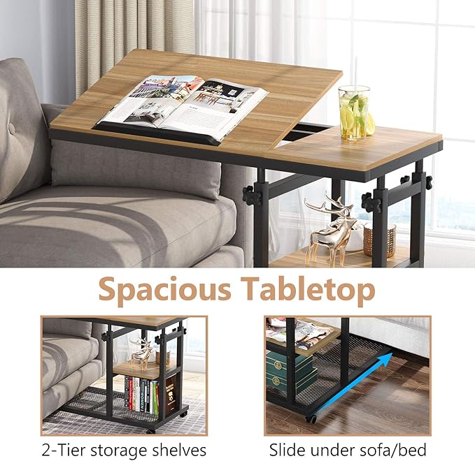 Tribesigns Height Adjustable C Table with Wheels, Mobile Couch Snack Side Table with Tiltable Drawing Board, Sofa Bedside Laptop Stand C Shaped TV Tray with Storage Shelves (Black+Oak)