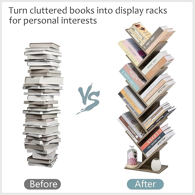 Hoctieon 10 Tier Tree Bookshelf, 10 Shelf Bookcase, Free Standing Tree Bookcase, Display Floor Standing Shelf for Books, Book Organizer Shelves for Home Office, Living Room, Bedroom, Greige