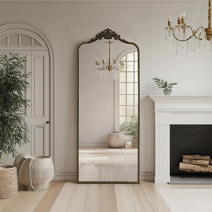 G-LEAF Vintage Baroque Full Length Floor Mirror 75"X30", Victorian Antique Mirror with Brush Black Ornate Metal Frame for Fireplace Entryway Living Room Hallway Bathroom