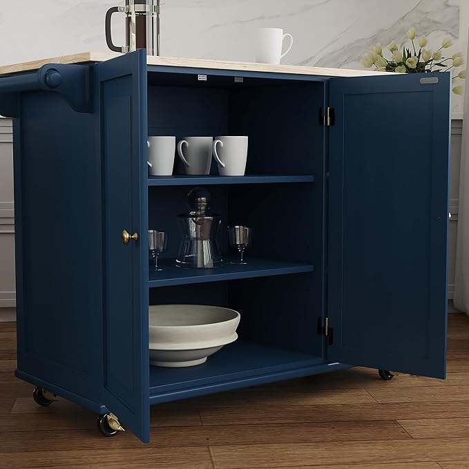Homestyles Mobile Kitchen Island Cart with Wood Top and Dropleaf Breakfast Bar, Blue