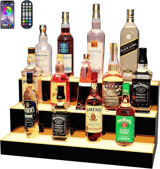 MESAlLUP Acrylic 24 Inch 3 Tier High Light LED Detachable Liquor Bottle Display Shelf with Remote Control, Mulit Color Lighting for Home Mini Bar, Restaurants, Party Use(Without Power Bank)