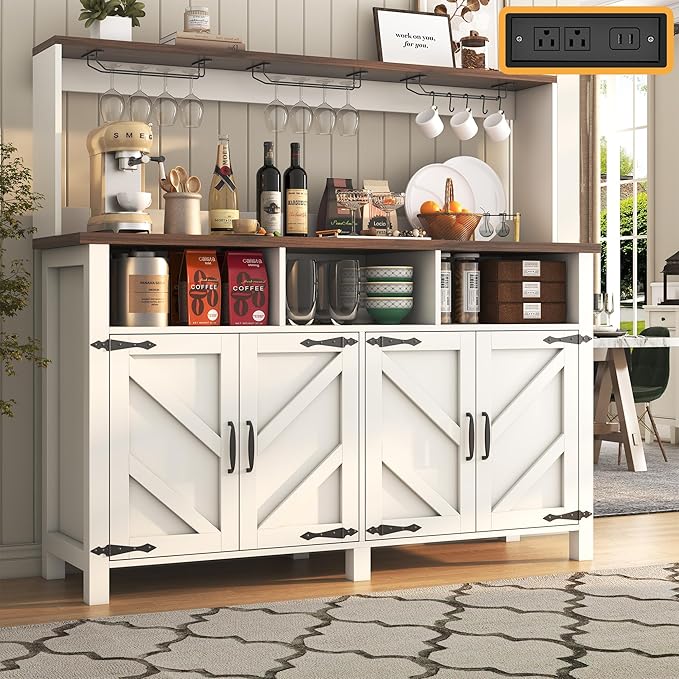 Buffet Sideboard with Storage Hutch with Power Outlets 4 Doors, Large Farmhouse Kitchen Storage Cabinet Wood Coffee Bar Cabinet with Goblet Holder and Cup Hooks for Kitchen, Dining Room, Entryway