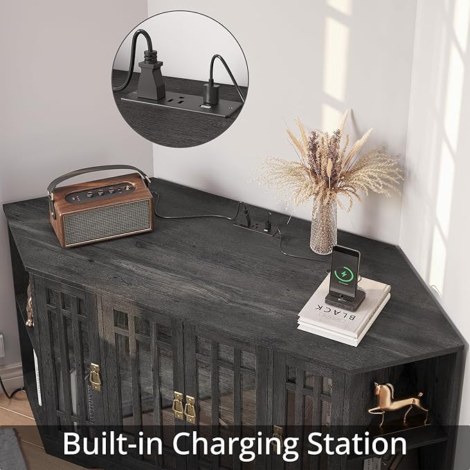 IRONCK Corner TV Stand for TVs up to 60 Inch with Power Outlet, Corner Entertainment Center with Storage Cabinet and Glass Doors, Mid Century Modern TV Stand for Living Room, Bedroom, Charcoal Grey