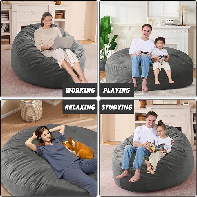 7FT Bean Bag Chair with Ultra Soft Velvet Cover Bean Bag Sofa with Memory Foam Bean Bag Chairs with Large Size Lazy Sofa for Dorm Office Living Room Bedroom Light Grey 7'
