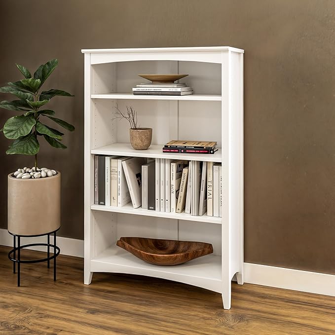 Camaflexi Shaker Style 4 Shelf Bookcase / Solid Wood / 48 inch High / Adjustable Shelving / Closed Back / Display Bookshelf for Living Room, Bedroom, Home and Office, White