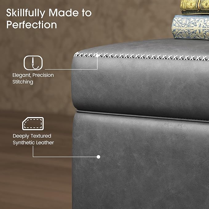 GarveeHome Storage Ottoman Bench, Mid-Century Modern Entryway Bedroom Bench, Synthetic Leather with Stitching, Safety Hinges, Loads 680 Lb, Grey