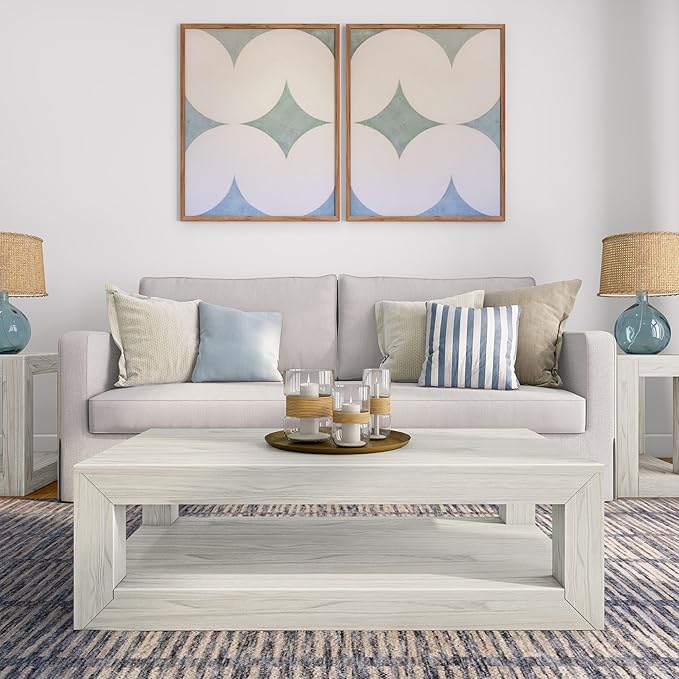 Plank+Beam 40" Modern Rectangular Coffee Table with Shelf, Solid Wood Center Table with Storage, 2 Tier Tea Table for Living Room, White Sand Wirebrush