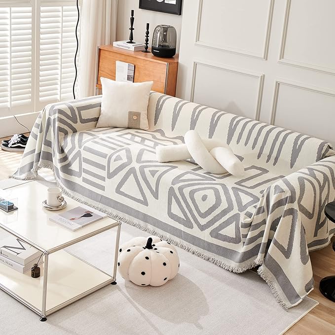 STACYPIK Boho Geometric Couch Cover for Dogs, Soft Chenille Gray Sofa Cover for 2 Cushion Couch, Non-Silp Loveseat Cover for Sectional, Washable Anti-Scratch Pet Furniture Protector Decor-71X118IN