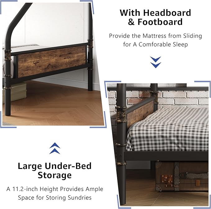 Metal Bunk Bed Twin Over Full, Industrial Bunkbeds Heavy Duty Bed with Safety Guard Rails and Space-Saving Design, Steel Bed for School, Bedroom (Vintage Brown)