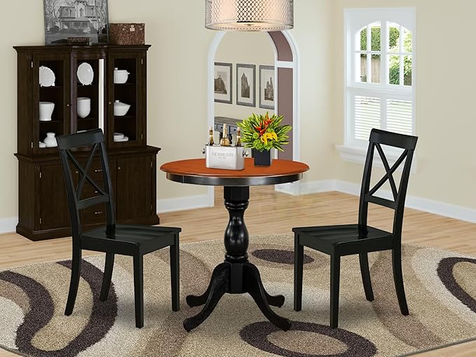 East West Furniture ESBO3-BCH-W 3 Piece Kitchen Table & Chairs Set Contains a Round Dining Room Table with Pedestal and 2 Dining Chairs, 30x30 Inch, Black & Cherry