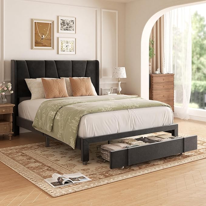 Full Bed Frame with Storage Drawers, Upholstered Platform Bed with Headboard and Wingboard, No Box Spring Needed, Noise Free, Easy Assembly, Wooden Support Slats, Black