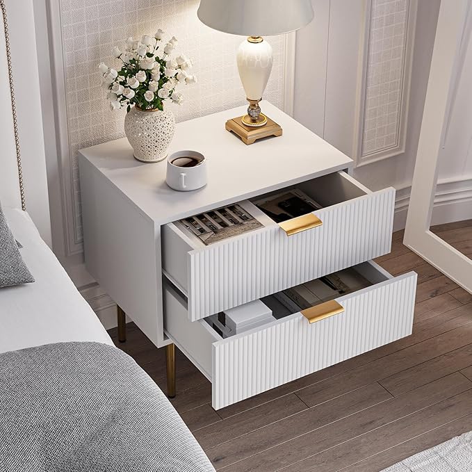 White Nightstand for Bedroom, Fluted Night Stand Set of 2, Mid Century Modern Bedside Table with Gold Metal Legs