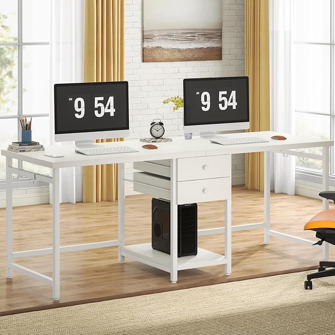 Tribesigns 79 Inch Extra Long Desk, Double Desk with 2 Drawers, Two Person Desk Long Computer Desk with Storage Shelves, Writing Table Study Desk for Home Office, White