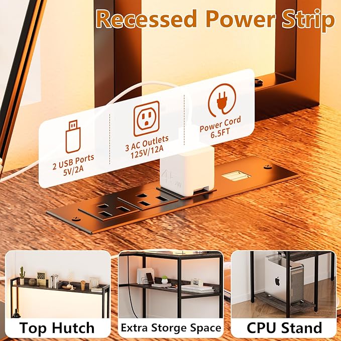 L Shaped Computer Desk with Hutch and Storage Shelves, Gaming Desk with LED Lights, Reversible L-Shaped Desk with Power Outlets, Home Office Desk, Corner Desk, Black Oak