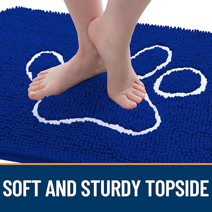 OLANLY Door Mat for Muddy Dog Paws 30x20, Ultra Absorbent Chenille Mud Doormat with Paw Print Design, Non-Slip Washable Doormat for Indoor Entryway, Quick-Dry Pet Bed Mats for Dirty Dogs, Royal Blue