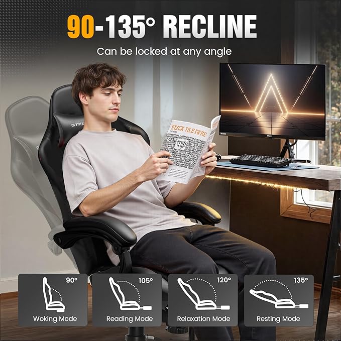 GTRACING Gaming Chair with Foot Rest & Pocket Spring Cushion, Ergonomic High Back Computer Chair with Headrest & 360°-Swivel Seat for Home Office Desk, PU Leather, Black