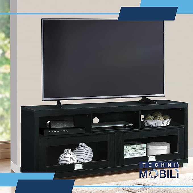 Techni Mobili TV Stand for 55+ Inch TV - Durbin Entertainment Center for 65 Inch TV - Living Room & Media Furniture with Glass Storage Cabinet Drawers, Shelves, & Cable Management Opening - Black